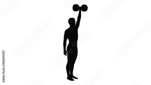 Silhouette of a muscular man lifting dumbbells overhead in a fitness exercise