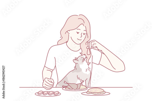 Smiling young woman feeding cat with food from table. Happy girl give tasty meal to cute kitten eating together at home. Vector illustration.