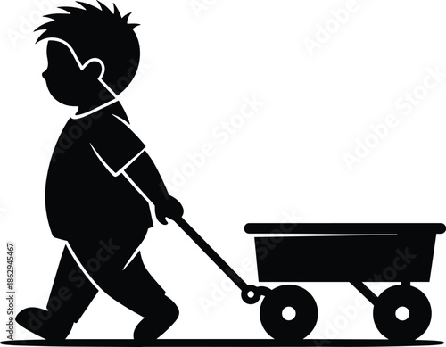 Child pulling wagon, silhouette vector, childhood play, black and white, minimal design, transportation icon, outdoor activity, simple style, retro theme