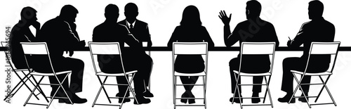 Black and white silhouette of professional business team having a corporate meeting around a boardroom table for conference and leadership concepts