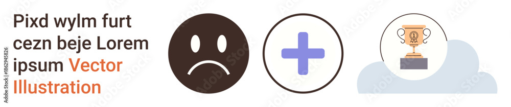 Fototapeta premium Emotional progress, achievement goals, motivation frameworks, personal growth, mental health symbols, success . Sad face, plus sign and trophy icons on a cloud. Emotional progress and achievement