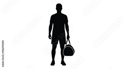 Silhouette of a man holding a duffel bag isolated on a white background