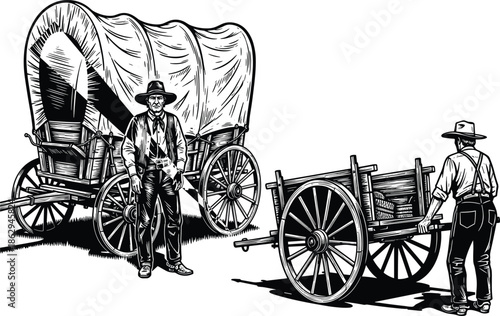Covered, wagon, cart, pioneer, frontier, history, transport, silhouette, black, white, man, hat, boots, vest, wheels, canvas, migration, exploration, rural, attire - flavector