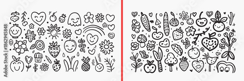 floral doodle illustration vector, heart flower doodle art, cute floral icons, hand drawn flower symbols, romantic nature doodles, botanical doodle set, decorative flower illustration, love floral art
