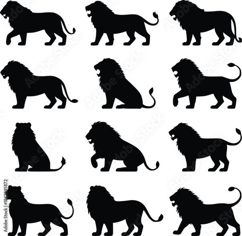 A collection of black silhouette images depicting majestic lions in various poses