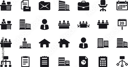 Collection of solid black business icons featuring office buildings professional workers meeting tables documents and corporate management symbols for digital design