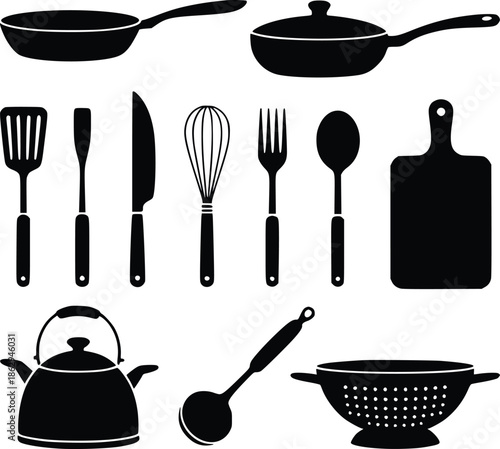 Black silhouette icons of various kitchen utensils and cooking tools