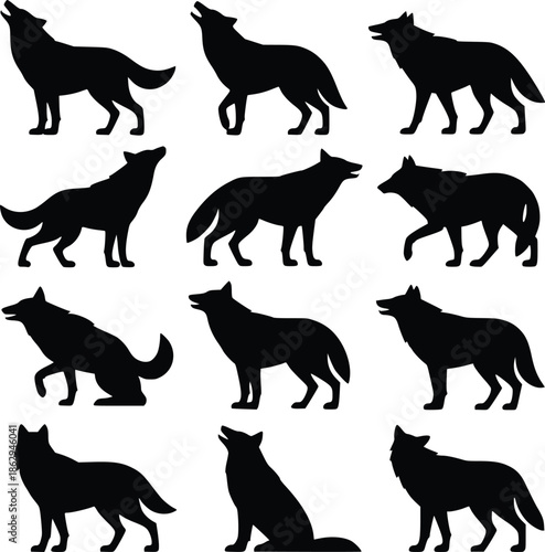 A collection of silhouetted wolves in various poses and perspectives