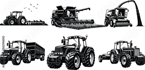 Collection of black and white farm machinery silhouettes including heavy duty tractors and combine harvesters for agricultural industry and farming equipment