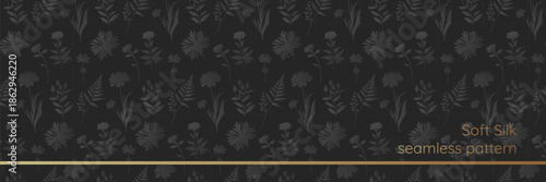 Luxurious black seamless pattern with soft botanical silhouettes. Elegant dark textile design, ideal for wallpaper or packaging. Sample in swatches. EPS 10