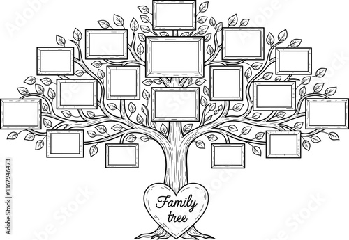 Hand drawn line art illustration of a large family tree with empty picture frames for genealogy history and ancestral lineage