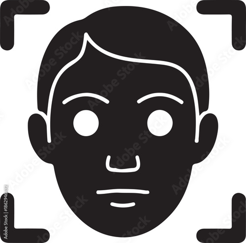 Facial Recognition Icon for Digital Identity, Minimal facial recognition icon representing biometric identity verification, AI security, and digital user authentication for modern technology interfac
