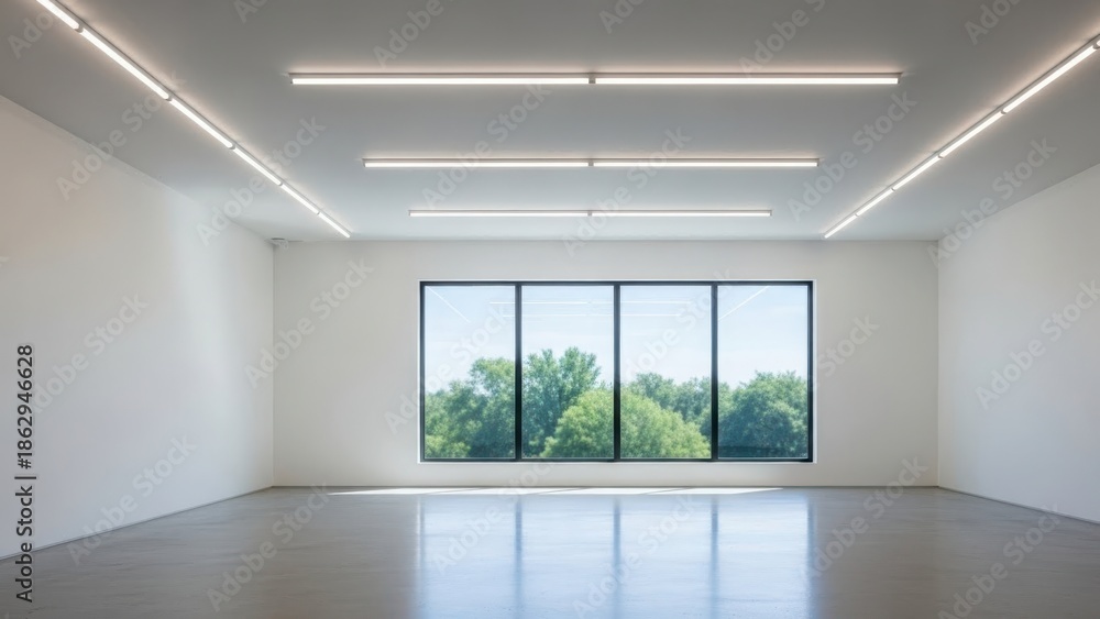 Obraz premium Modern gallery space with large windows overlooking lush greenery