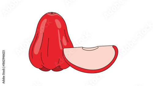 Vibrant red wax apple fruit accompanied by a single slice showing the pale pinkish white flesh inside against a minimalist white background for design.
