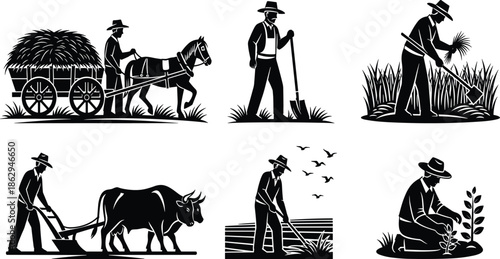 Farming, agriculture, traditional, labor, silhouette, black, white, horse, cart, oxen, shovel, sickle, sapling, birds, field, planting, harvesting, plowing, rural, nature - flavector