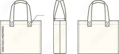 Canvas tote bag technical flat illustration with front side and back views, reusable shopping bag line art vector design template