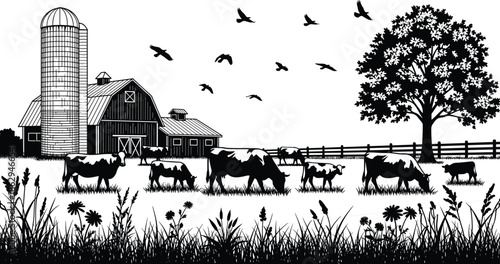 Farm, pasture, cows, barn, silo, tree, birds, grass, wildflowers, nature, rural, agriculture, black, white, silhouette, grazing, fence, peaceful, landscape, countryside - flavector