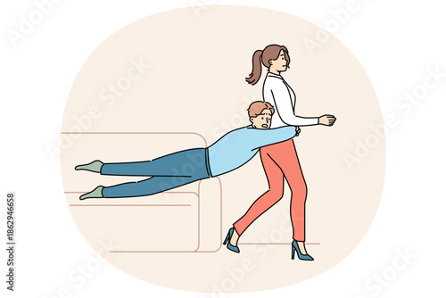 Guy is trying to hold back wife wants to get divorce or go to party on own, and grabs girl while sliding off sofa. Girl wants divorce after family quarrel and lack of courage in boyfriend