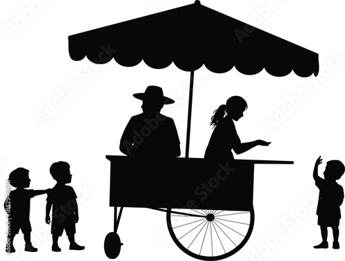 Street food cart silhouettes vendor serving children customers umbrella stall urban community market illustration isolated on white background lifestyle vector design