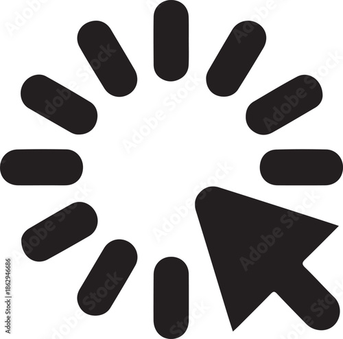 Loading spinner with cursor pointer icon, Black icon showing a circular loading indicator with a mouse cursor, representing waiting, processing, or interactive system activity in user interfaces.

