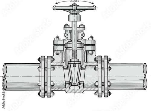 Industrial gate valve technical cross section illustration with pipeline connection, mechanical engineering line art drawing for fluid control system design