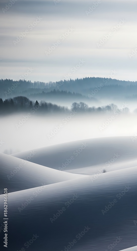 Obraz premium Ethereal landscape of rolling hills shrouded in morning mist.