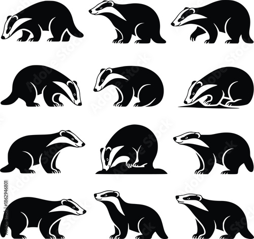 Nine monochrome silhouettes of badgers in various poses and orientations