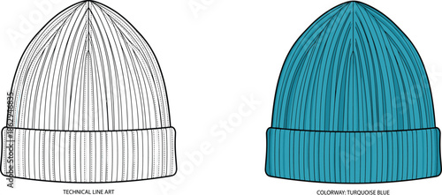 Ribbed knit beanie hat technical line art and turquoise blue colorway winter headwear illustration, minimal fashion apparel vector design