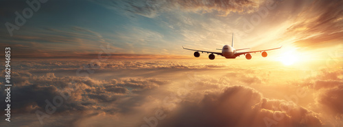 Passenger airplane soaring above a vast sea of clouds at sunrise, commercial aircraft flying in a golden sky for global travel, tourism, and international aviation industry