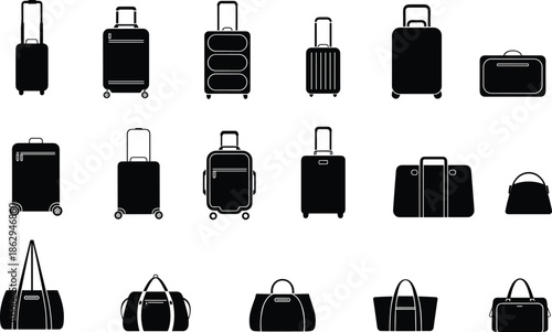 Travel luggage and bag icon set, suitcase backpack duffel handbag silhouettes, black vector illustration collection for tourism design