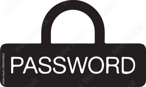 Password Security Padlock Icon Concept, Minimal black padlock icon with password text, symbolizing digital security, privacy protection, secure access, and online authentication concepts.

