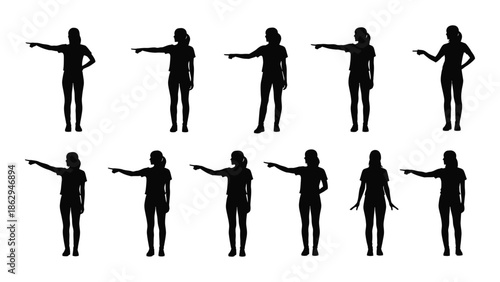 Silhouettes of people pointing in various directions showcasing human form and gesture