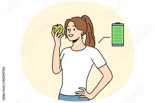 Woman eats fresh apple to recharge with energy and vitamins from fruit bought at farmers market. Full battery charge near girl holding apple helping to quickly regain strength during break