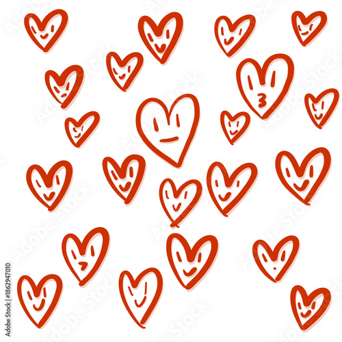 Playful hand drawn orange heart doodles with cute facial expressions scattered on a black background, creating a fun, whimsical, and expressive love-themed illustration.