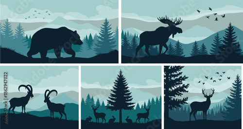 Forest, wildlife, animals, bear, moose, deer, rabbit, goat, stag, mountain, trees, nature, silhouette, black, white, birds, landscape, ecosystem, serene, illustration - flavector