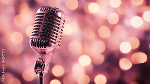 Vintage silver microphone closeup, soft pink bokeh lights background, romantic live music concert or jazz performance, karaoke singing contest concept.


