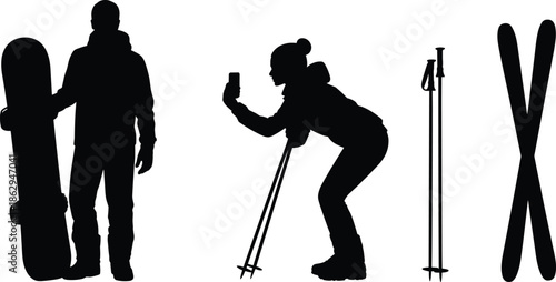 Winter sports silhouettes snowboarder skier taking photo equipment snow activity illustration isolated on white background outdoor adventure vector design
