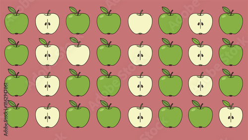 Ordered grid pattern of alternating whole and halved green apples with brown seeds arranged on a solid dark red background for a classic kitchen look.