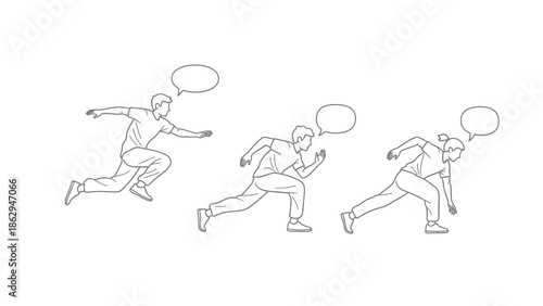 Three figures running with empty speech bubbles line art illustration