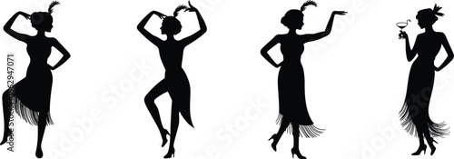 Vintage flapper dancer silhouettes 1920s jazz age women dancing cocktail party retro fashion illustration isolated on white background vector design
