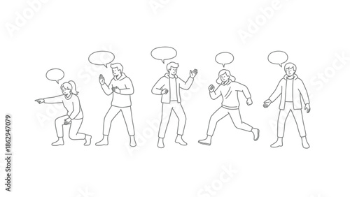 A group of five line drawing characters displaying diverse emotions and actions with blank speech bubbles