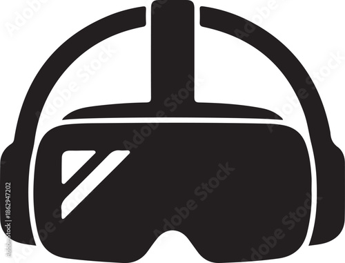 Virtual reality headset icon silhouette, Black virtual reality headset icon isolated on white background, symbol of VR technology, gaming, simulation and immersive digital experience.


