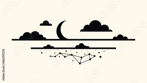 Minimalist black and white illustration of a crescent moon, clouds, and a constellation