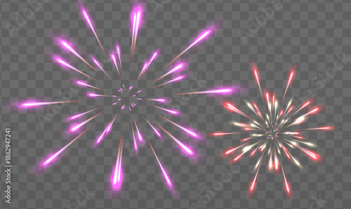 Two minimalist fireworks on dark background. One large purple firework and one smaller red and white firework with soft glowing bursts.