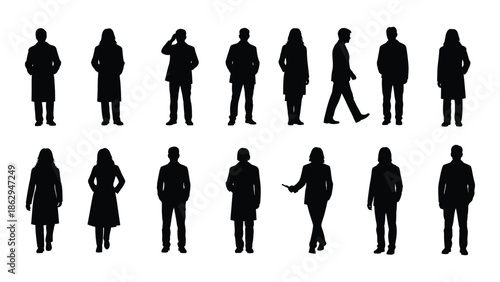 Silhouettes of diverse people in various poses representing a group or crowd