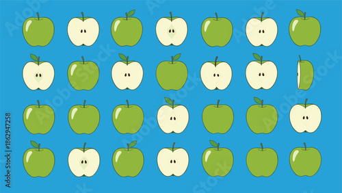 Grid of whole and halved green apples including one single side view slice arranged in neat rows on a solid bright blue background for contrast.