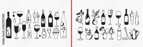 wine glass illustration vector, alcohol drink doodle icons, bar beverage sketch art, wine champagne glass set, cocktail drink illustration, hand drawn 