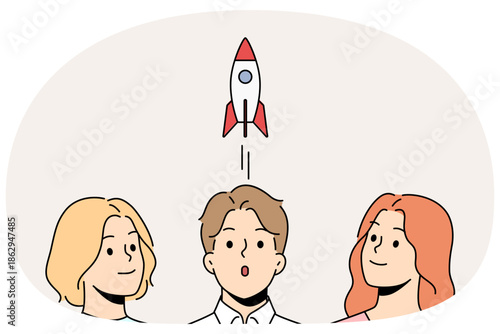 Team of people is working on launch and marketing support of business, looking at taking off rocket with smile. Concept corporate achievements and company success through teamwork on marketing