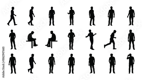 Silhouettes of people in various poses and actions isolated on white background