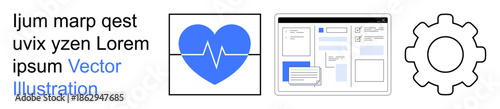 Digital health, web development, data analytics, healthcare innovation, medical technology, UI design. Blue heart with heartbeat, web layout gear icon. Digital health and web development concepts